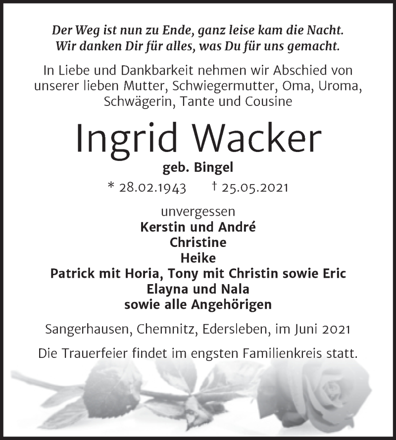  Traueranzeige für Ingrid Wacker vom 02.06.2021 aus Trauerkombi Sangerhausen