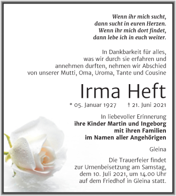 Traueranzeige von Irma Heft von Naumburger Tageblatt