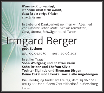 Traueranzeige von Irmgard Berger von Mitteldeutsche Zeitung Merseburg/Querfurt