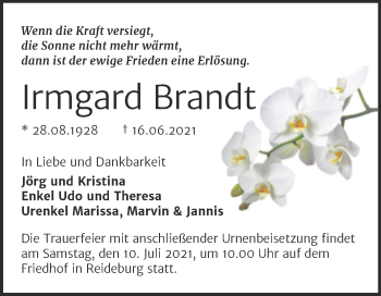 Traueranzeige von Irmgard Brandt von Mitteldeutsche Zeitung Halle/Saalkreis