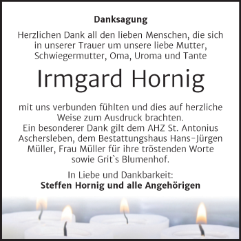 Traueranzeige von Irmgard Hornig von Trauerkombi Aschersleben