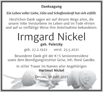 Traueranzeige von Irmgard Nickel von Trauerkombi Dessau
