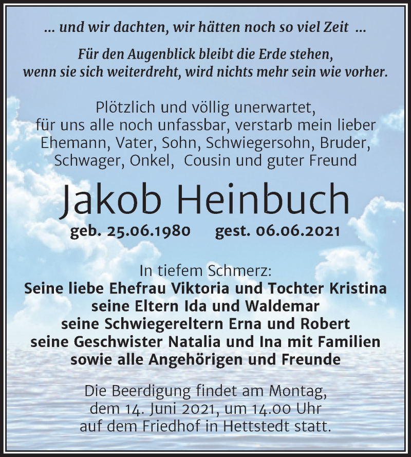  Traueranzeige für Jakob Heinbuch vom 10.06.2021 aus Trauerkombi Mansfelder Land