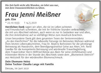 Traueranzeige von Jenni Meißner von Trauerkombi Dessau