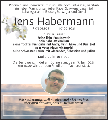 Traueranzeige von Jens Habermann von Wochenspiegel Naumburg/Nebra