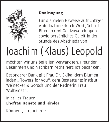 Traueranzeige von Joachim Leopold von Trauerkombi Bernburg