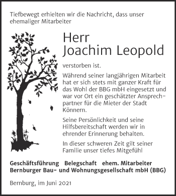 Traueranzeige von Joachim Leopold von Super Sonntag Bernburg