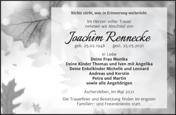 Traueranzeige von Joachim Rennecke von Trauerkombi Aschersleben