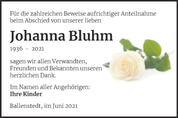 Traueranzeige von Johanna Bluhm von Trauerkombi Quedlinburg