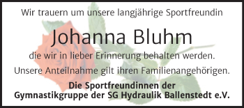 Traueranzeige von Johanna Bluhm von Trauerkombi Quedlinburg