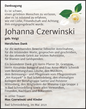 Traueranzeige von Johanna Czerwinski von Trauerkombi Wittenberg