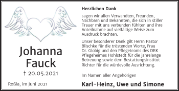 Traueranzeige von Johanna Fauck von Trauerkombi Sangerhausen