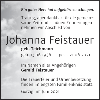 Traueranzeige von Johanna Feistauer von Trauerkombi Köthen