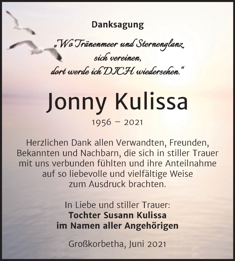  Traueranzeige für Jonny Kulissa vom 12.06.2021 aus Trauerkombi Weißenfels