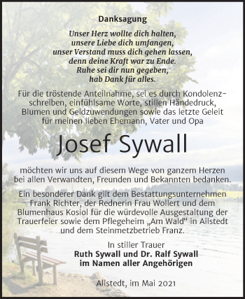Traueranzeige von Josef Sywall von Trauerkombi Sangerhausen