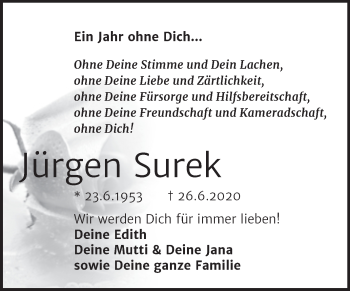 Traueranzeige von Jürgen Surek von Mitteldeutsche Zeitung Merseburg/Querfurt