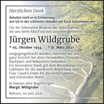 Traueranzeige von Jürgen Wildgrube von Trauerkombi Wittenberg