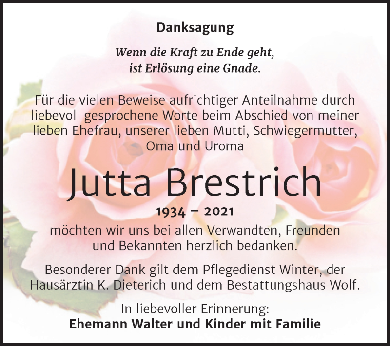  Traueranzeige für Jutta Brestrich vom 09.06.2021 aus Trauerkombi Weißenfels