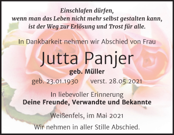 Traueranzeige von Jutta Panjer von Trauerkombi Weißenfels