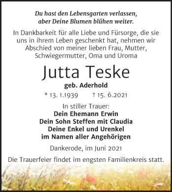 Traueranzeige von Jutta Teske von Trauerkombi Quedlinburg