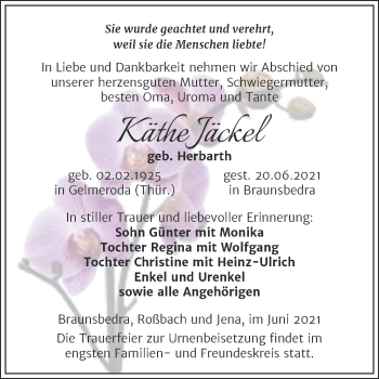 Traueranzeige von Käthe Jäckel von Trauerkombi Merseburg