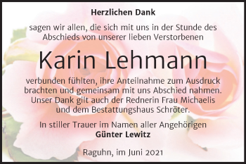 Traueranzeige von Karin Lehmann von Trauerkombi Bitterfeld