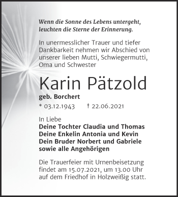 Traueranzeige von Karin Pätzold von Trauerkombi Bitterfeld