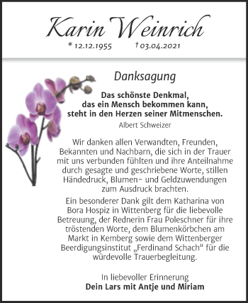Traueranzeige von Karin Weinrich von Trauerkombi Wittenberg