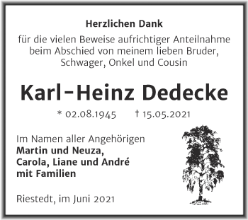 Traueranzeige von Karl-Heinz Dedecke von Trauerkombi Sangerhausen