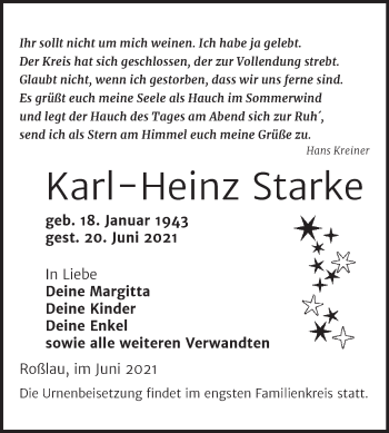 Traueranzeige von Karl-Heinz Starke von Trauerkombi Dessau