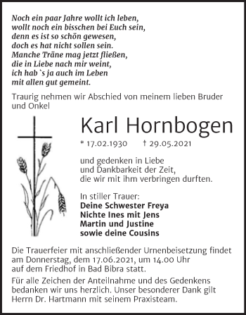 Traueranzeige von Karl Hornbogen von Wochenspiegel Naumburg/Nebra