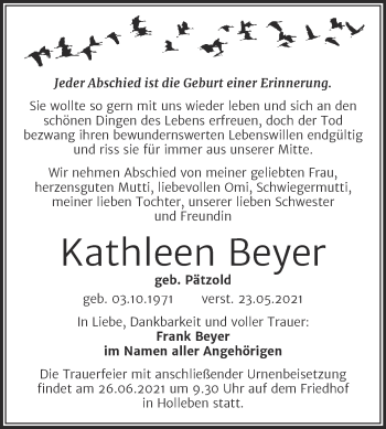 Traueranzeige von Kathleen Beyer von Mitteldeutsche Zeitung Halle/Saalkreis
