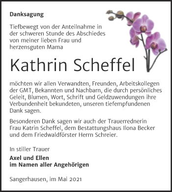 Traueranzeige von Kathrin Scheffel von Trauerkombi Sangerhausen