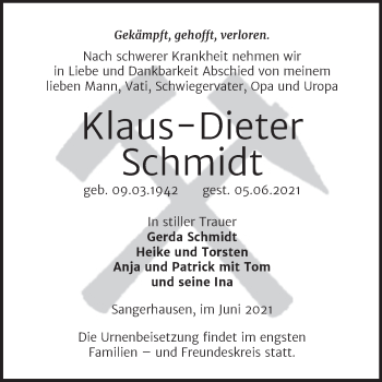 Traueranzeige von Klaus-Dieter Schmidt von Trauerkombi Sangerhausen