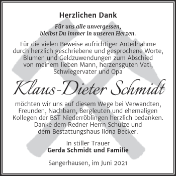 Traueranzeige von Klaus-Dieter Schmidt von Trauerkombi Sangerhausen