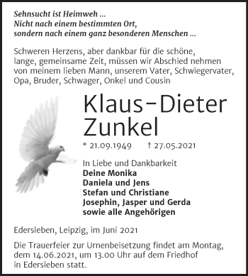Traueranzeige von Klaus-Dieter Zunkel von Trauerkombi Sangerhausen