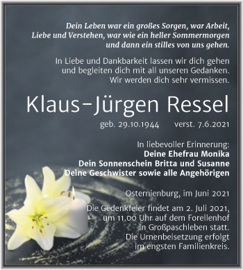 Traueranzeige von Klaus-Jürgen Ressel von Trauerkombi Köthen