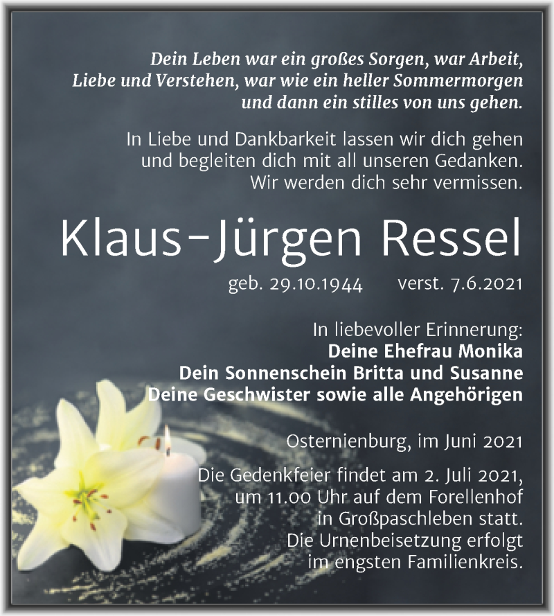  Traueranzeige für Klaus-Jürgen Ressel vom 10.06.2021 aus Trauerkombi Köthen
