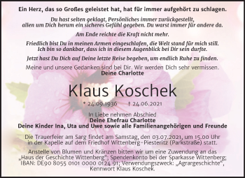 Traueranzeige von Klaus Koschek von Trauerkombi Wittenberg