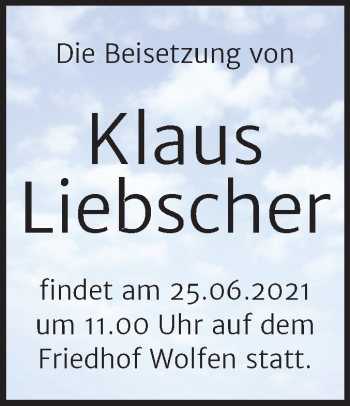 Traueranzeige von Klaus Liebscher von Mitteldeutsche Zeitung Bitterfeld
