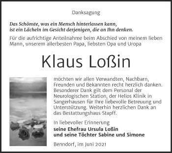 Traueranzeige von Klaus Loßin von Trauerkombi Mansfelder Land