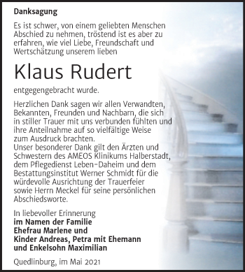 Traueranzeige von Klaus Rudert von Trauerkombi Quedlinburg