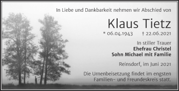 Traueranzeige von Klaus Tietz von Trauerkombi Wittenberg