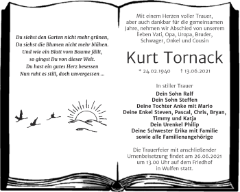 Traueranzeige von Kurt Tornack von Trauerkombi Köthen