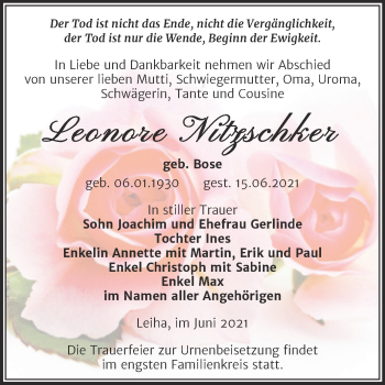 Traueranzeige von Leonore Nitzschker von Trauerkombi Merseburg