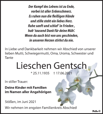 Traueranzeige von Lieschen Gentsch von Wochenspiegel Naumburg/Nebra