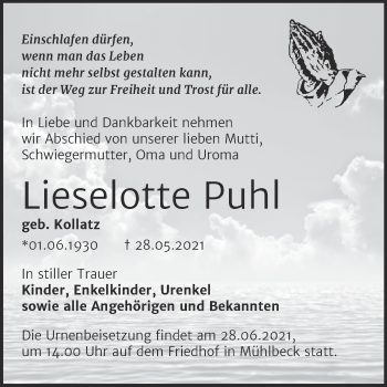 Traueranzeige von Lieselotte Puhl von Trauerkombi Bitterfeld