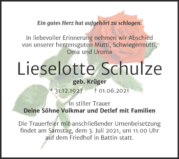 Traueranzeige von Lieselotte Schulze von Trauerkombi Wittenberg