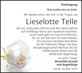 Traueranzeige von Lieselotte Telle von Wochenspiegel Naumburg/Nebra
