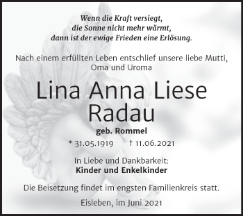 Traueranzeige von Lina Anna Liese Radau von Trauerkombi Mansfelder Land